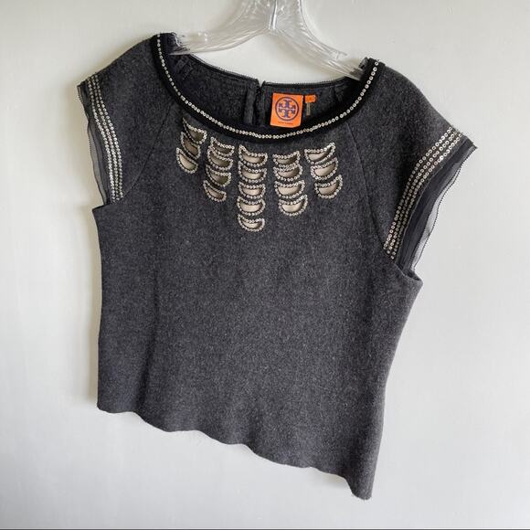 Tory Burch Charcoal Grey Wool Sequin Embellishments Silk Lined Top - Picture 2 of 7
